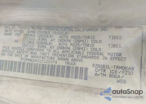 2002 Toyota Tacoma z USA, uszkodzony, nr VIN 5TEPM62N02Z122374